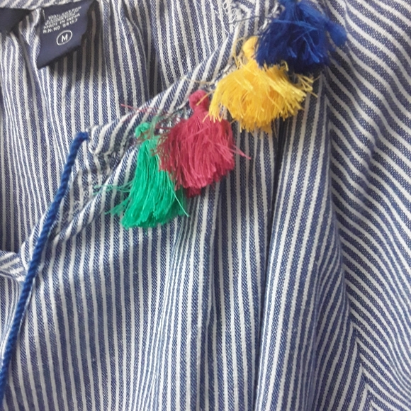 Blue White Striped Rainbow Boho Embroiderd Top M - Picture 5 of 7